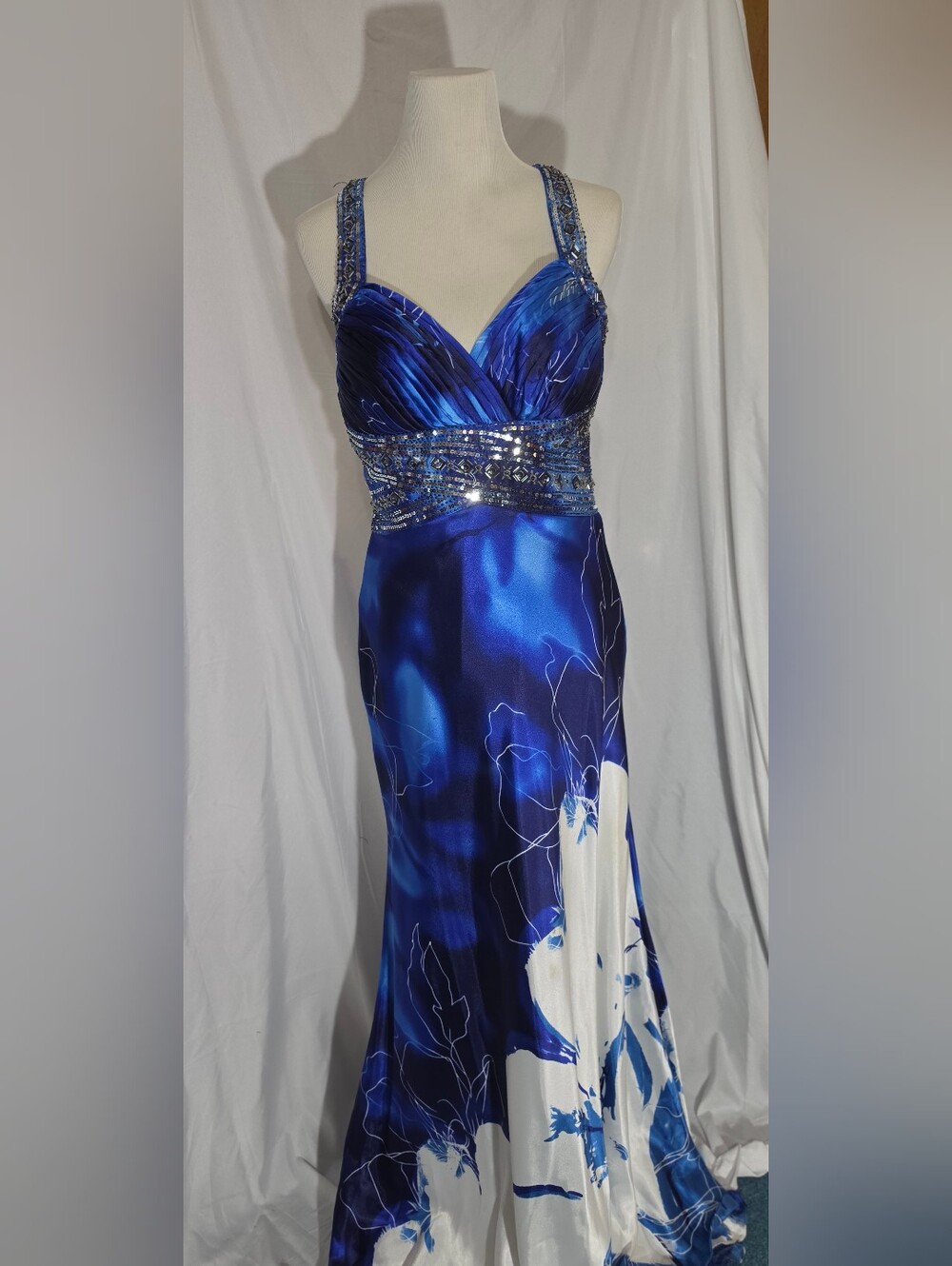 Cachet Sapphire Blue Floral Satin Prom Dress with Beaded Waistband